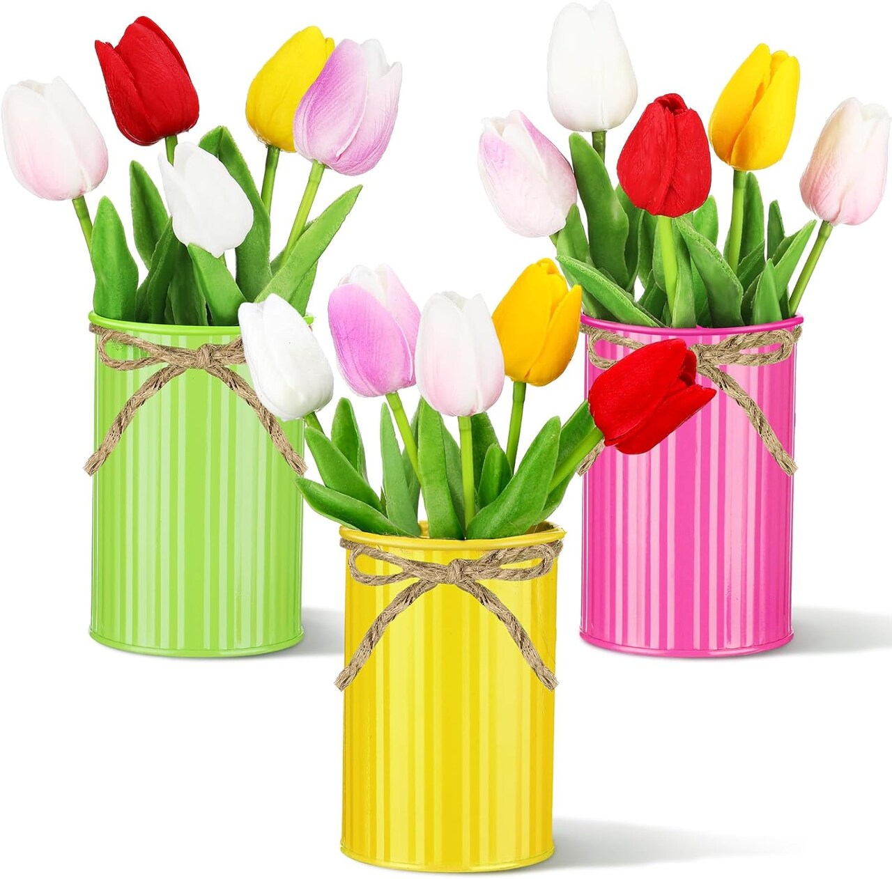 15 Pcs Multicolor Artificial Tulips in 3 Metal Pots – Spring, Easter & Wedding Table Centerpieces, Home & Office Décor